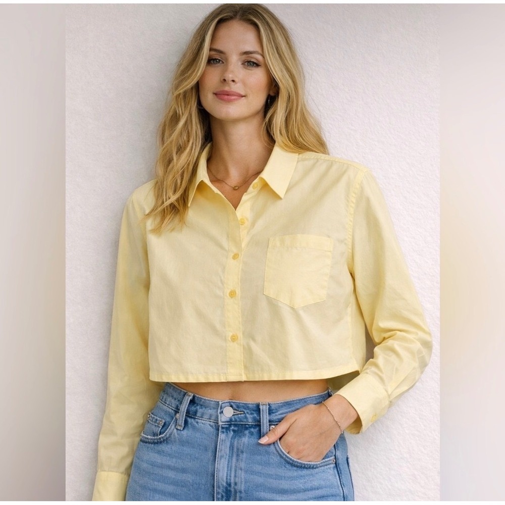 Athleta Cropped Lightweight Button Up Shirt Yellow Long Sleeve Collared Pocket M